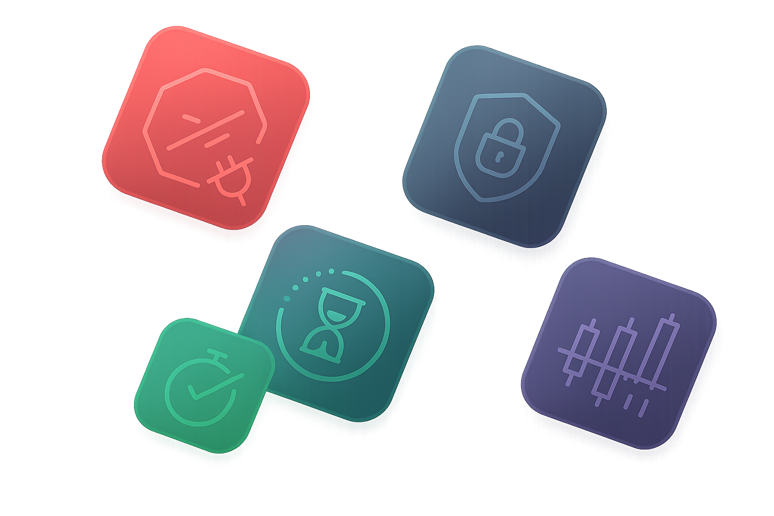 TradeStop feature icons representing discipline, security, and safe trading automation.
