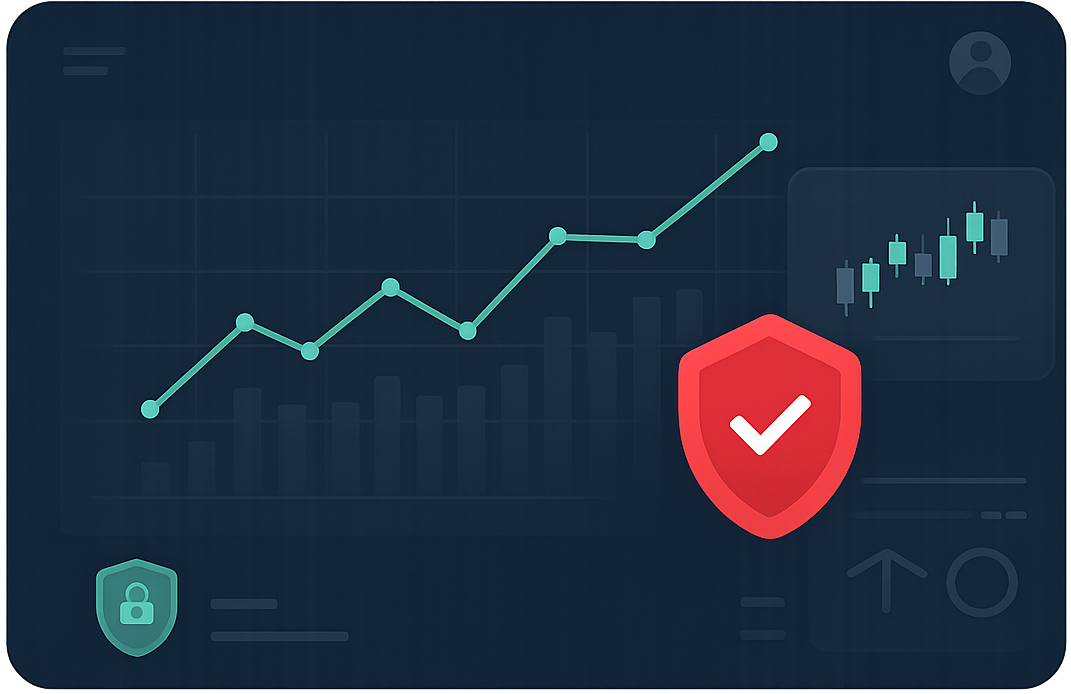 Growth chart with a red security shield representing safe and disciplined trading using TradeStop.