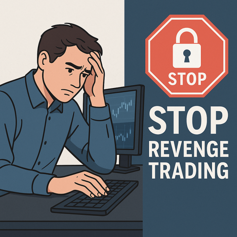 Trader frustrated after losses with “Stop Revenge Trading” concept illustration