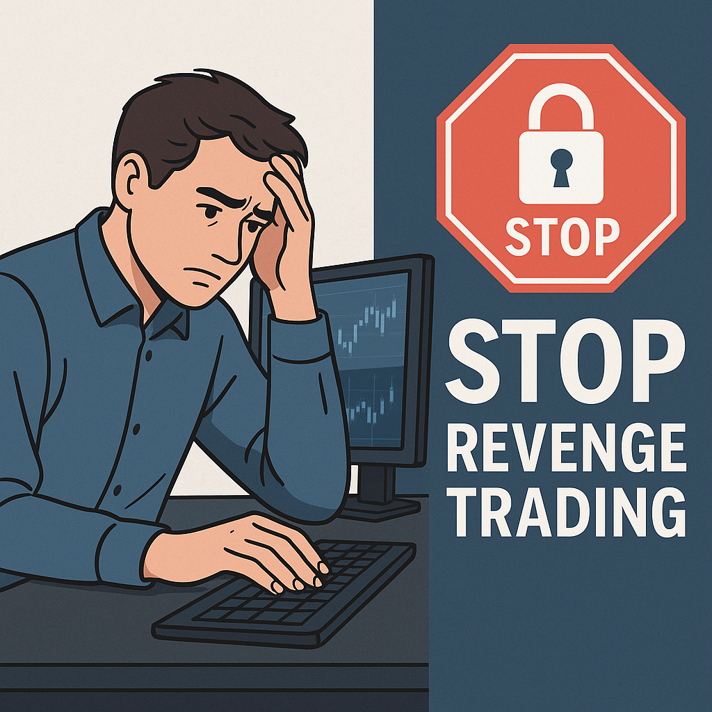 Trader frustrated after losses with “Stop Revenge Trading” concept illustration