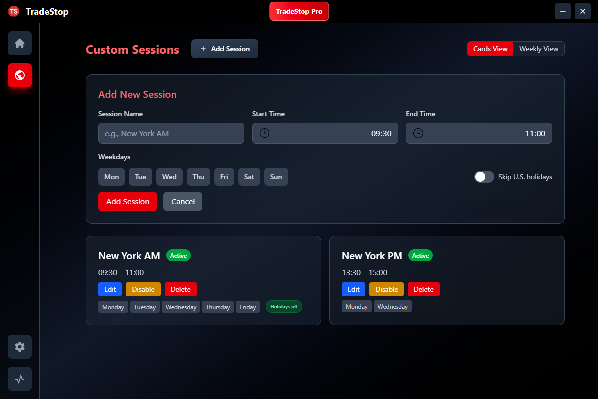 TradeStop session scheduler interface for creating custom trading windows.